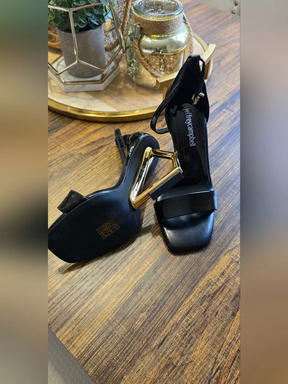 Jeffrey Campbell Black Patent Gold Geometric Heel Sandals